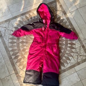 Pink and black one piece snow suit